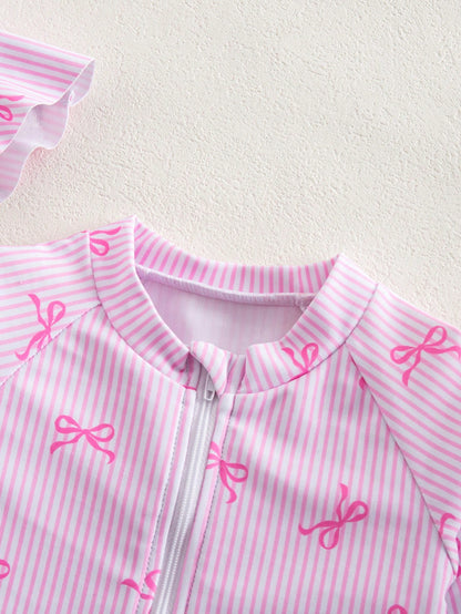Newborn Baby Beach Vacation Style Bow Striped Print Half Zip Front Ruffle Hem One-Piece Swimsuit With Swim Cap