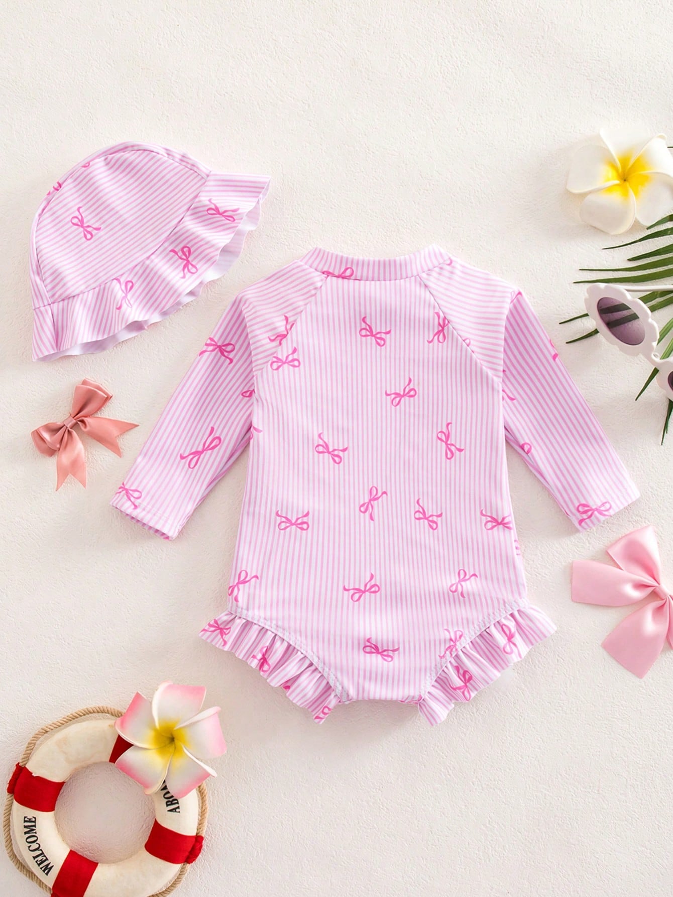 Newborn Baby Beach Vacation Style Bow Striped Print Half Zip Front Ruffle Hem One-Piece Swimsuit With Swim Cap