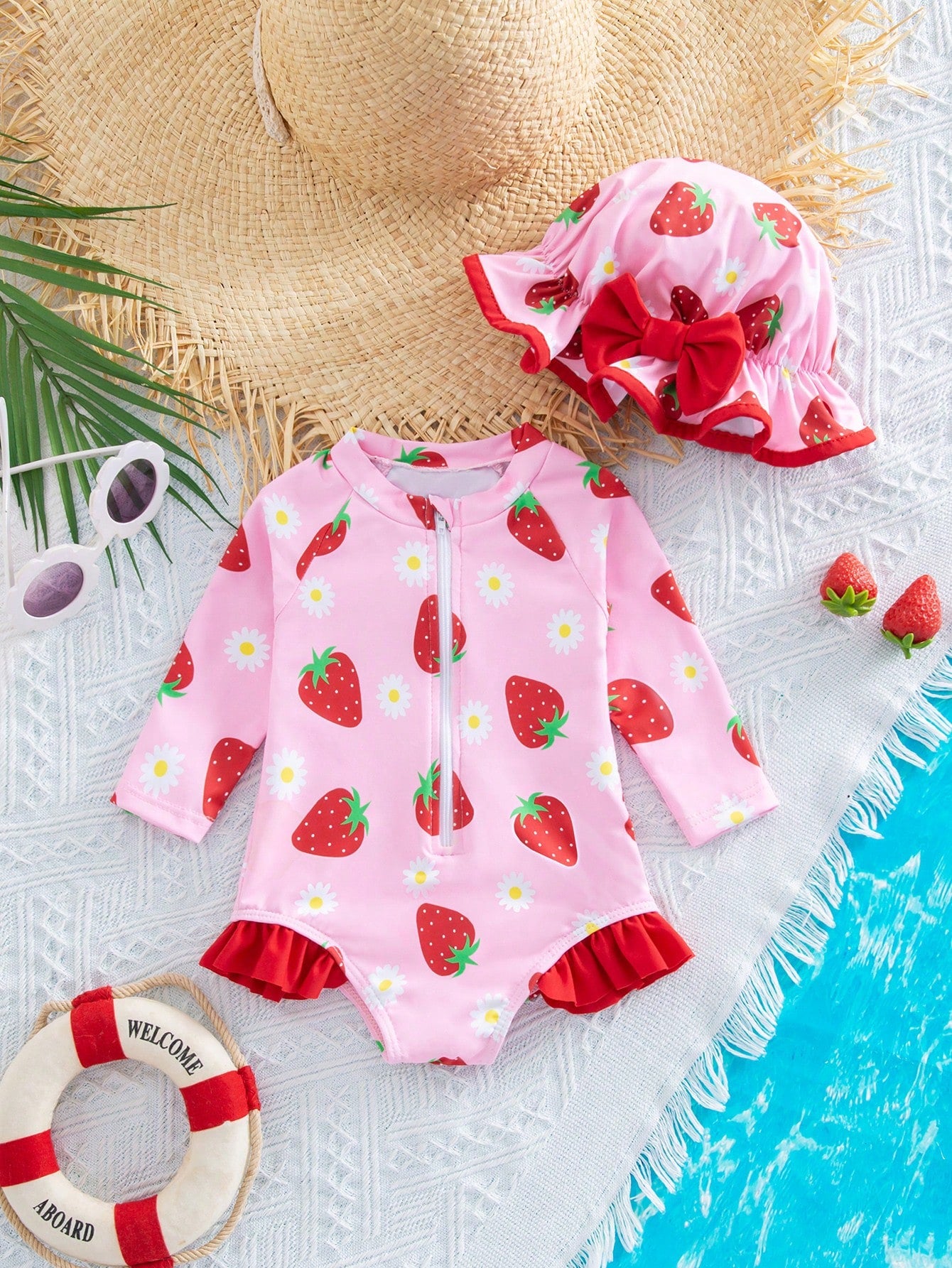 Newborn Baby Beach Vacation Style Bow Striped Print Half Zip Front Ruffle Hem One-Piece Swimsuit With Swim Cap