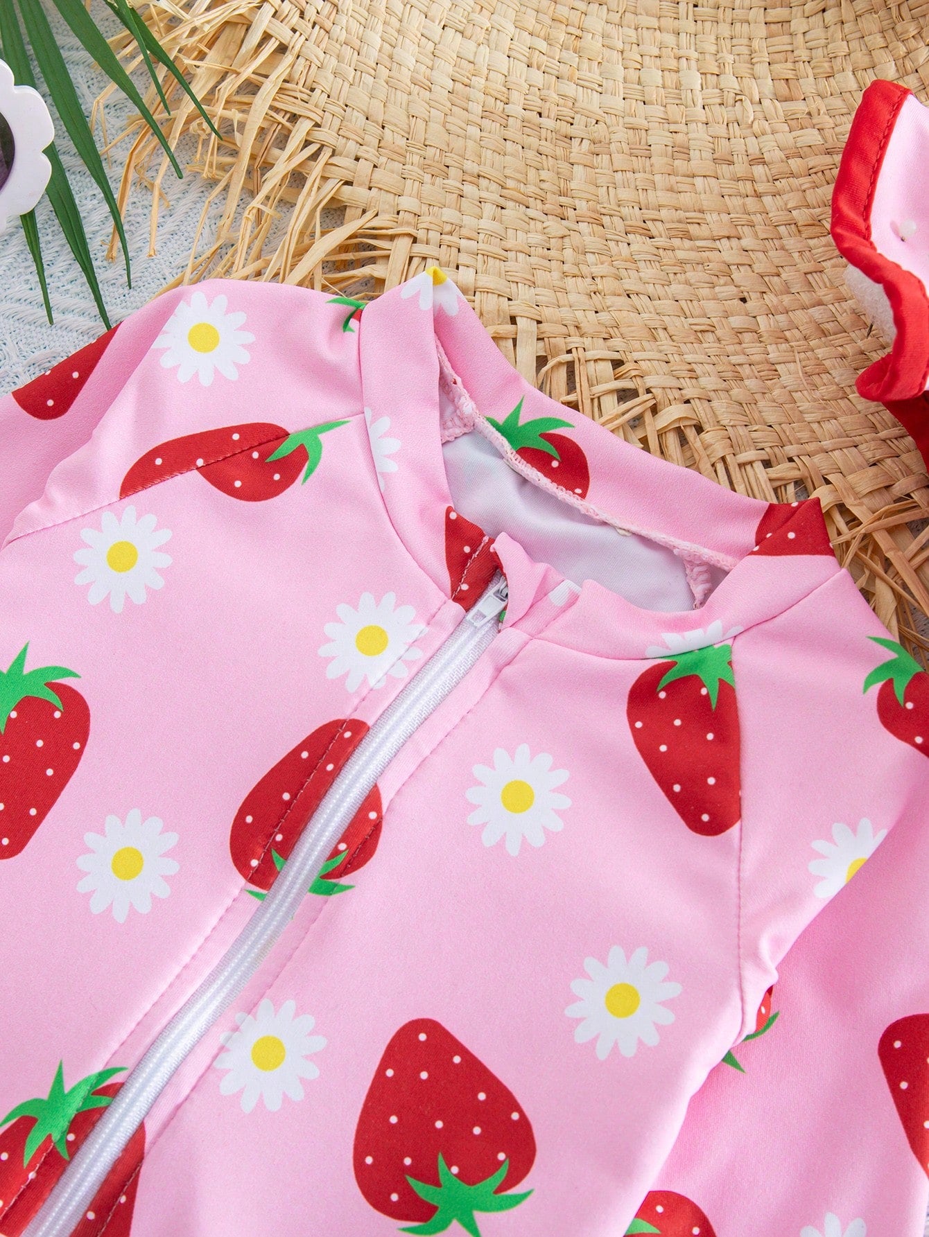 Newborn Baby Beach Vacation Style Bow Striped Print Half Zip Front Ruffle Hem One-Piece Swimsuit With Swim Cap