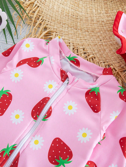 Newborn Baby Beach Vacation Style Bow Striped Print Half Zip Front Ruffle Hem One-Piece Swimsuit With Swim Cap