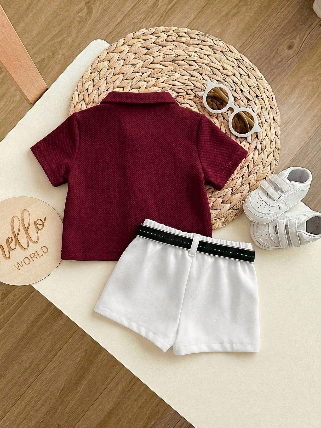 Newborn Baby Boy Cute Collegiate Style Knit Red Short Sleeve Top And Elastic Waist Shorts Set