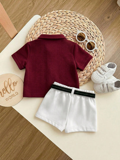 Newborn Baby Boy Cute Collegiate Style Knit Red Short Sleeve Top And Elastic Waist Shorts Set