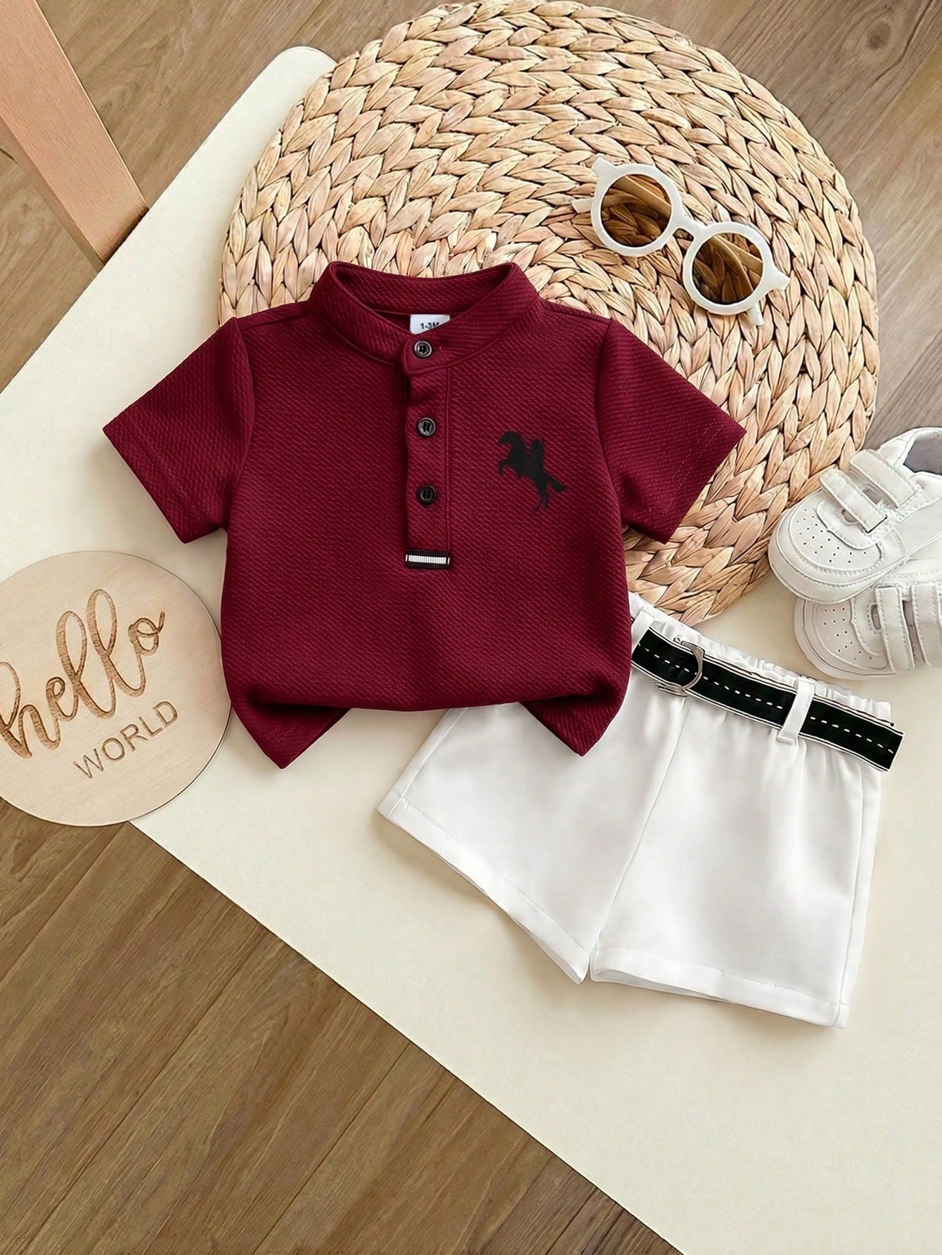 Newborn Baby Boy Cute Collegiate Style Knit Red Short Sleeve Top And Elastic Waist Shorts Set