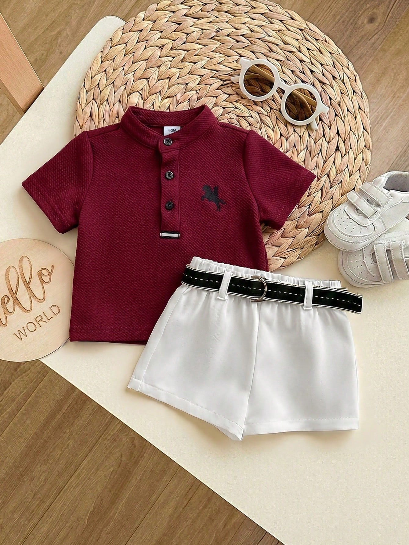 Newborn Baby Boy Cute Collegiate Style Knit Red Short Sleeve Top And Elastic Waist Shorts Set