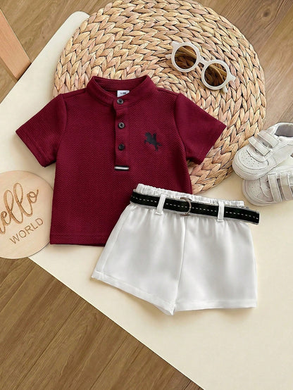 Newborn Baby Boy Cute Collegiate Style Knit Red Short Sleeve Top And Elastic Waist Shorts Set