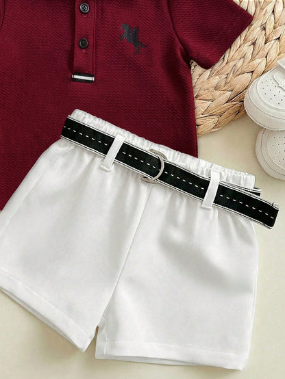 Newborn Baby Boy Cute Collegiate Style Knit Red Short Sleeve Top And Elastic Waist Shorts Set
