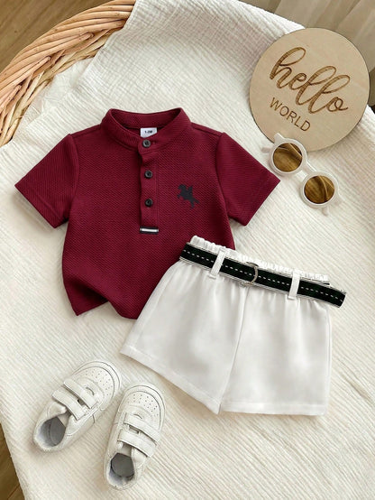 Newborn Baby Boy Cute Collegiate Style Knit Red Short Sleeve Top And Elastic Waist Shorts Set