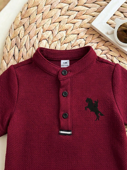 Newborn Baby Boy Cute Collegiate Style Knit Red Short Sleeve Top And Elastic Waist Shorts Set