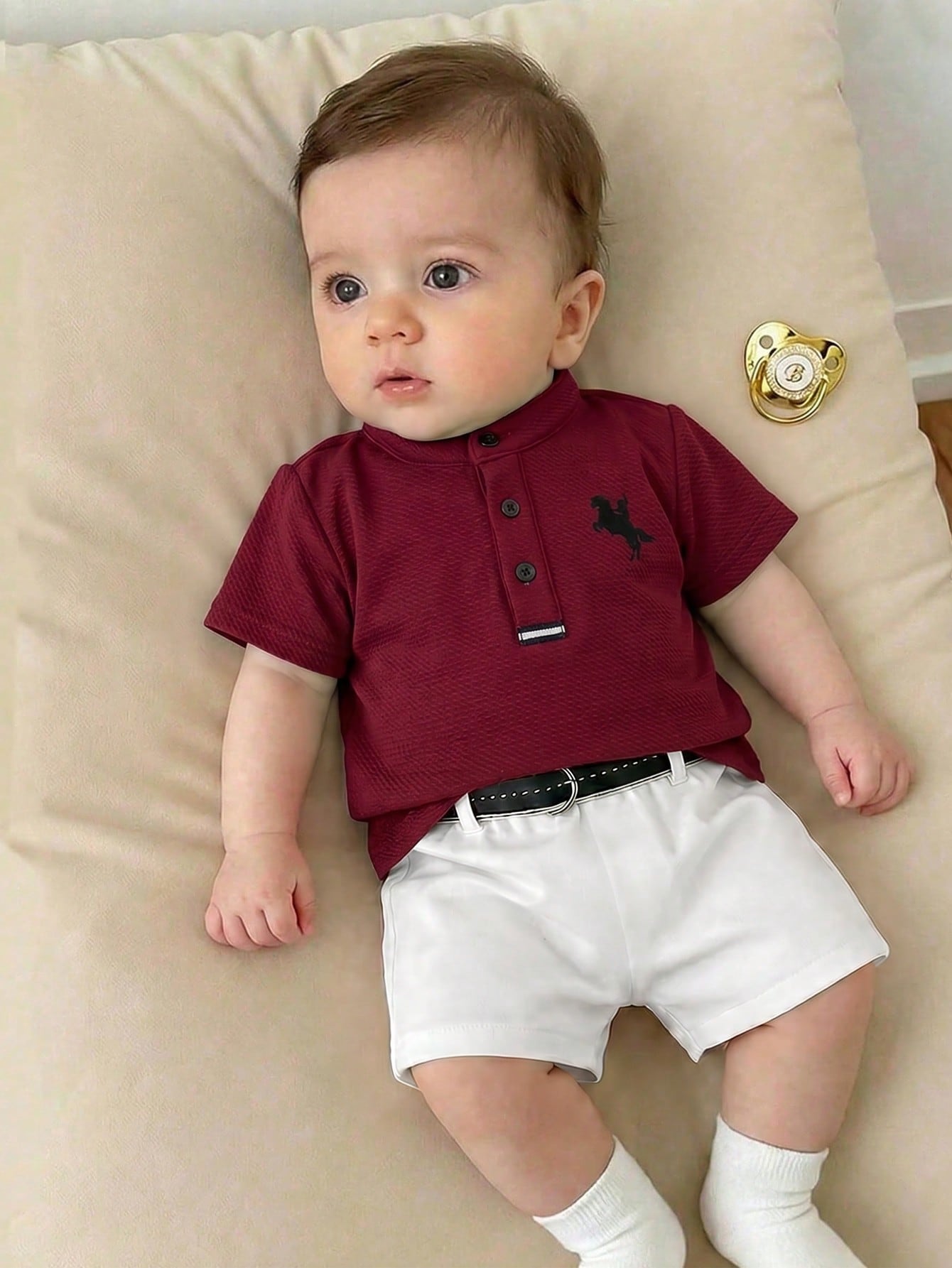 Newborn Baby Boy Cute Collegiate Style Knit Red Short Sleeve Top And Elastic Waist Shorts Set