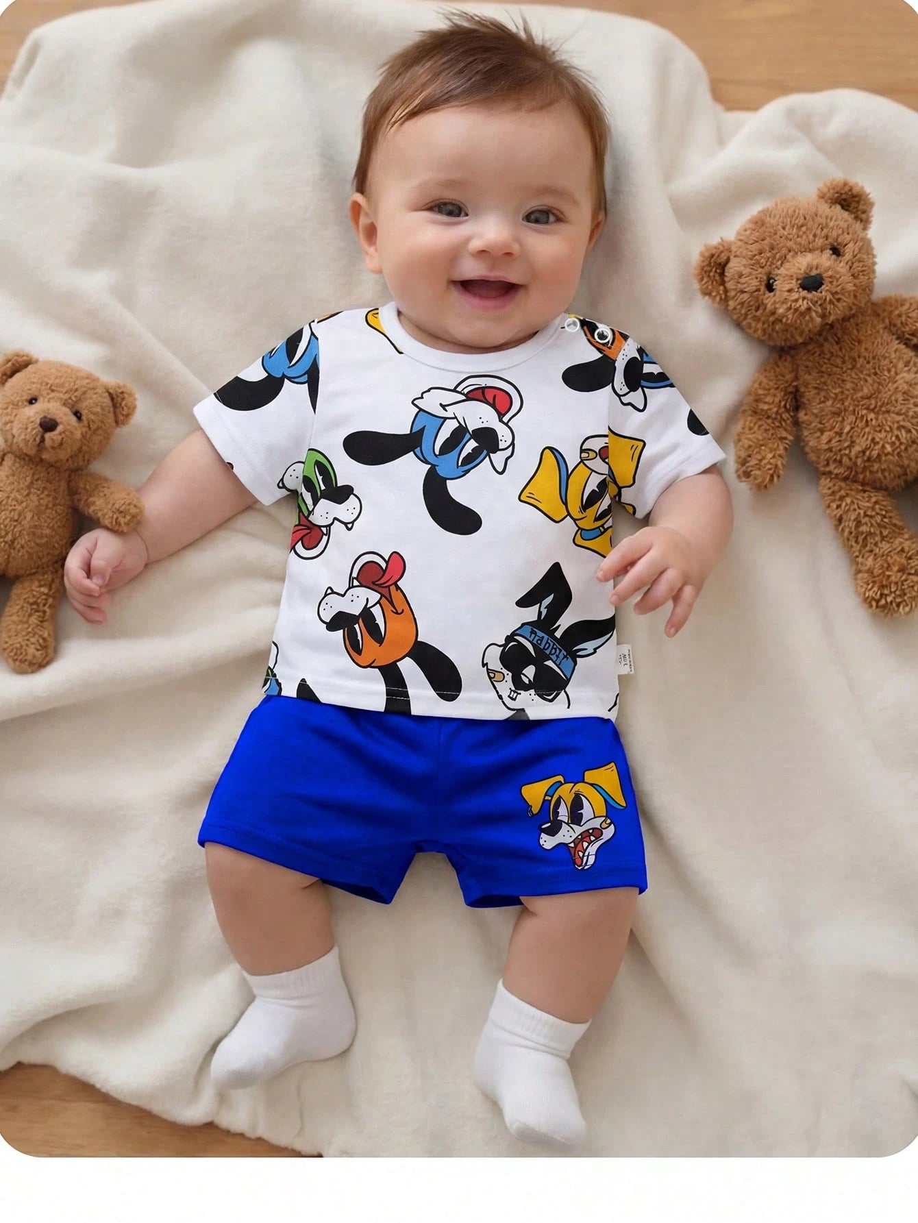 Newborn Baby Boy Cute Summer Knit Cartoon Pattern Short Sleeve T-Shirt And Shorts Set