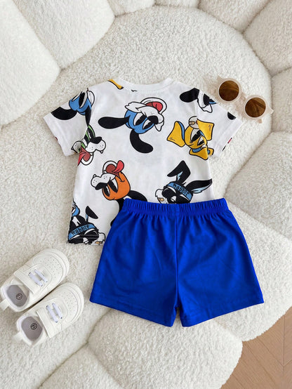 Newborn Baby Boy Cute Summer Knit Cartoon Pattern Short Sleeve T-Shirt And Shorts Set