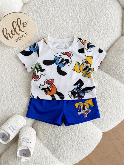 Newborn Baby Boy Cute Summer Knit Cartoon Pattern Short Sleeve T-Shirt And Shorts Set