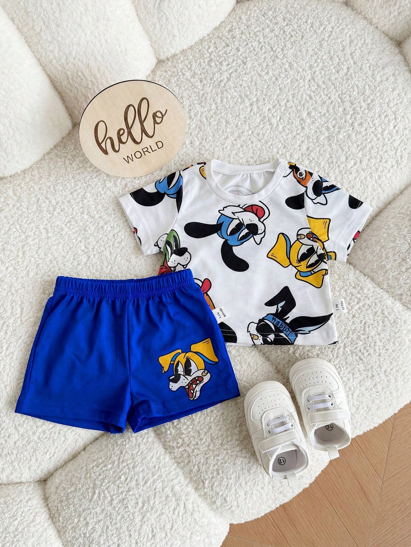 Newborn Baby Boy Cute Summer Knit Cartoon Pattern Short Sleeve T-Shirt And Shorts Set