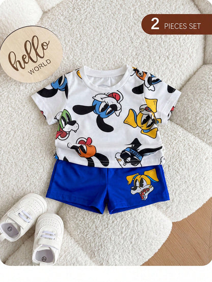 Newborn Baby Boy Cute Summer Knit Cartoon Pattern Short Sleeve T-Shirt And Shorts Set