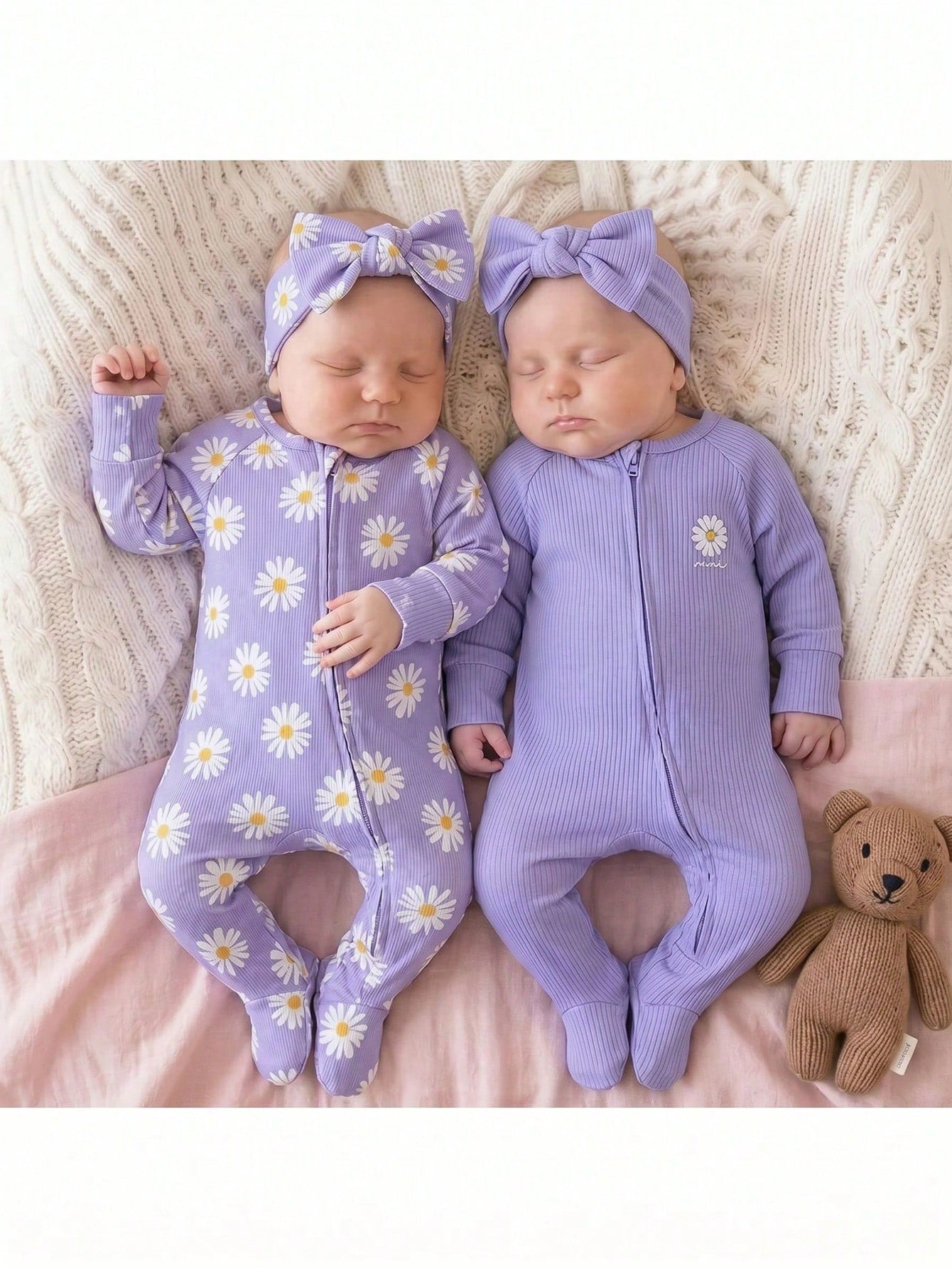 Newborn Baby Boy/Girl Daisy Print Pattern Knitted Soft Crew Neck Long Sleeve Jumpsuit 2pcs Set Baby Bamboo Fiber Zip Up Wear Baby Newborn Unisex Clothes Baby Cozy Pixies For Baby Girl By Girl Purple C