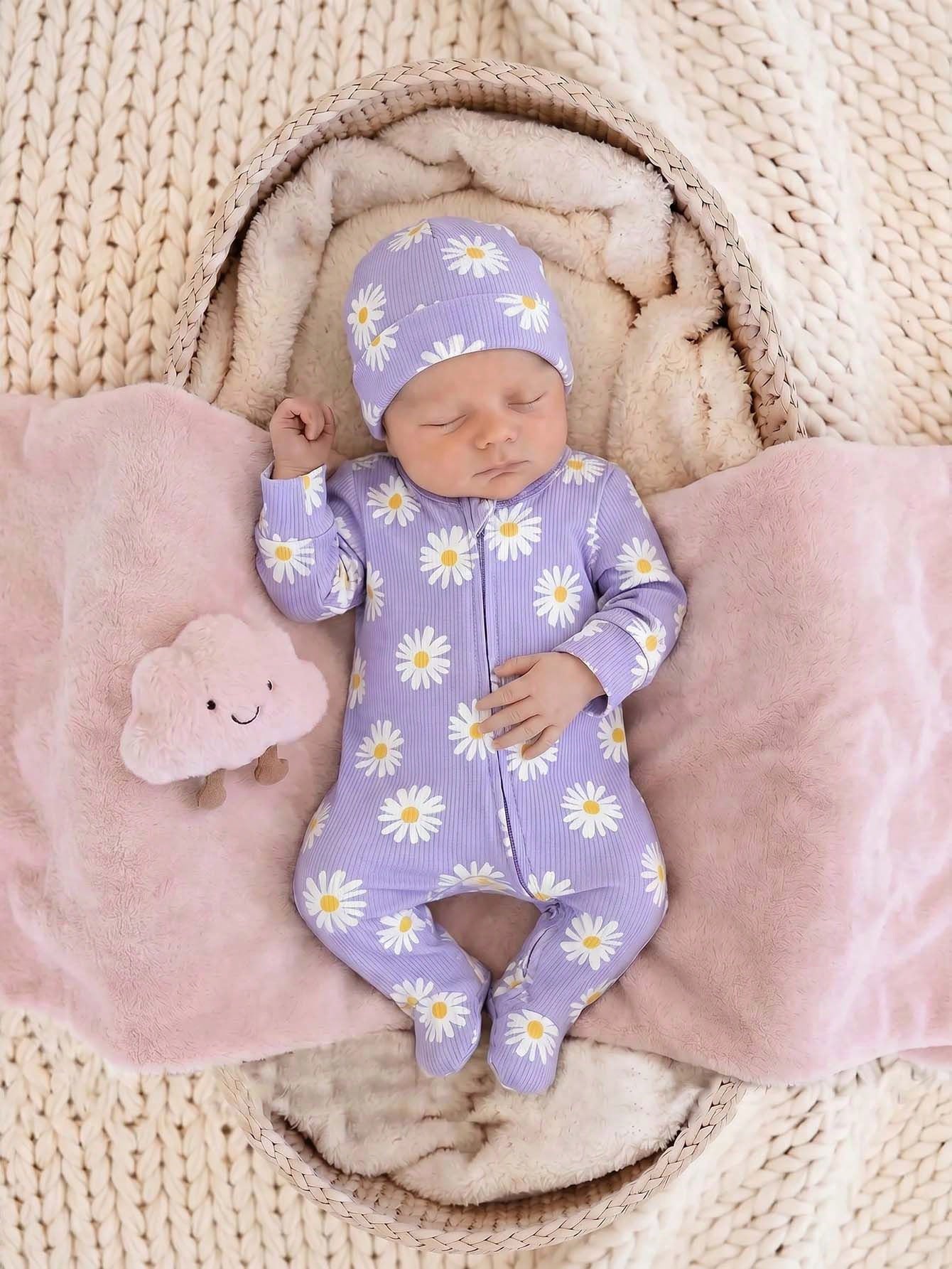 Newborn Baby Boy/Girl Daisy Print Pattern Knitted Soft Crew Neck Long Sleeve Jumpsuit 2pcs Set Baby Bamboo Fiber Zip Up Wear Baby Newborn Unisex Clothes Baby Cozy Pixies For Baby Girl By Girl Purple C