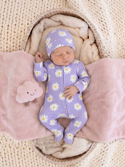 Newborn Baby Boy/Girl Daisy Print Pattern Knitted Soft Crew Neck Long Sleeve Jumpsuit 2pcs Set Baby Bamboo Fiber Zip Up Wear Baby Newborn Unisex Clothes Baby Cozy Pixies For Baby Girl By Girl Purple C
