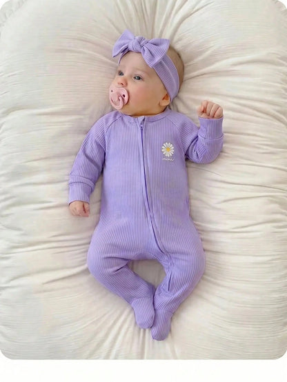 Newborn Baby Boy/Girl Daisy Print Pattern Knitted Soft Crew Neck Long Sleeve Jumpsuit 2pcs Set Baby Bamboo Fiber Zip Up Wear Baby Newborn Unisex Clothes Baby Cozy Pixies For Baby Girl By Girl Purple C