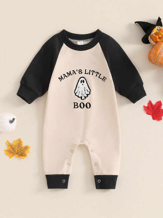 Newborn Baby Boy Halloween Outfit Mamas Little Boo Embroidery Romper Long Sleeve Ghost Bodysuit Jumpsuit 0-18M