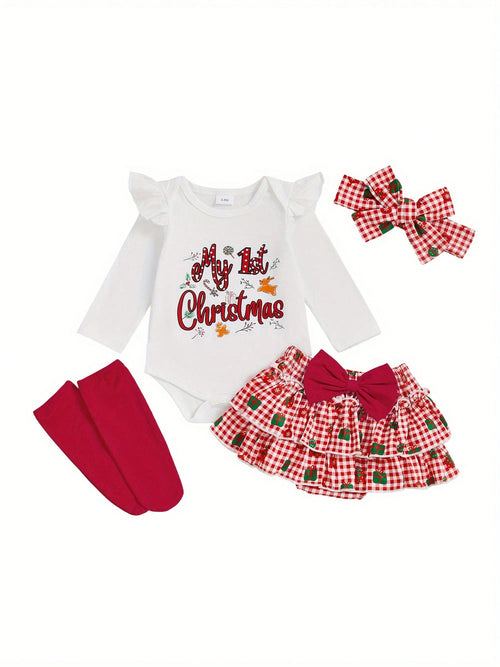 Newborn Baby Girl Christmas Outfit Short Sleeve Romper Bloomers Tutu Skirt Headband Socks Set My First Christmas Baby Girl Outfit