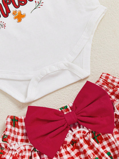 Newborn Baby Girl Christmas Outfit Short Sleeve Romper Bloomers Tutu Skirt Headband Socks Set My First Christmas Baby Girl Outfit