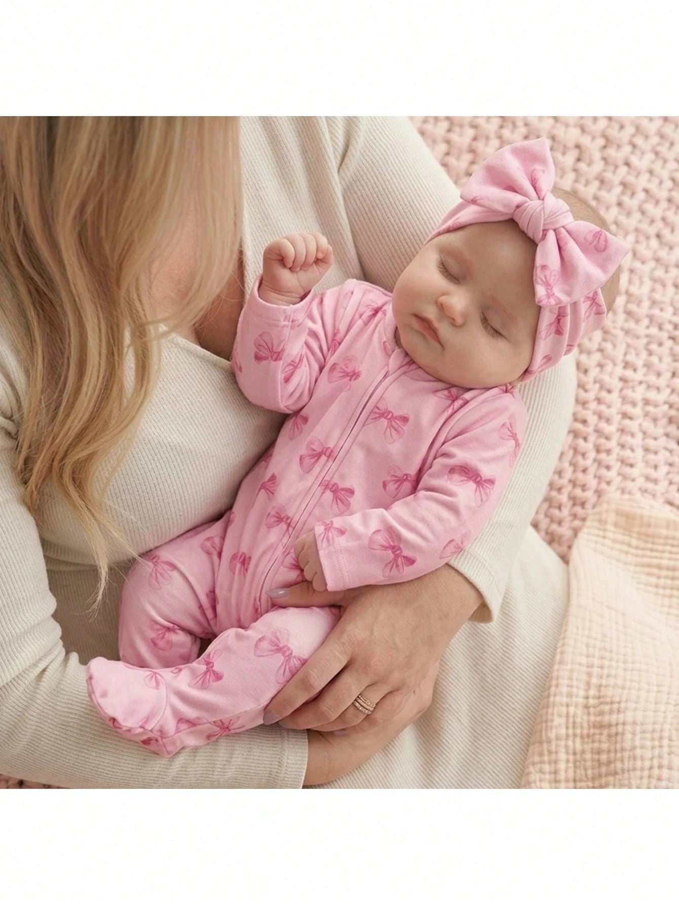 Newborn Baby Girl Cute Knitted Pink Bow Pattern Romper Pajamas
