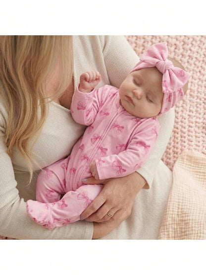 Newborn Baby Girl Cute Knitted Pink Bow Pattern Romper Pajamas