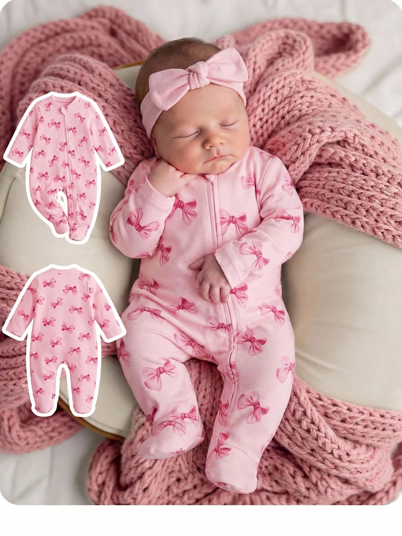 Newborn Baby Girl Cute Knitted Pink Bow Pattern Romper Pajamas