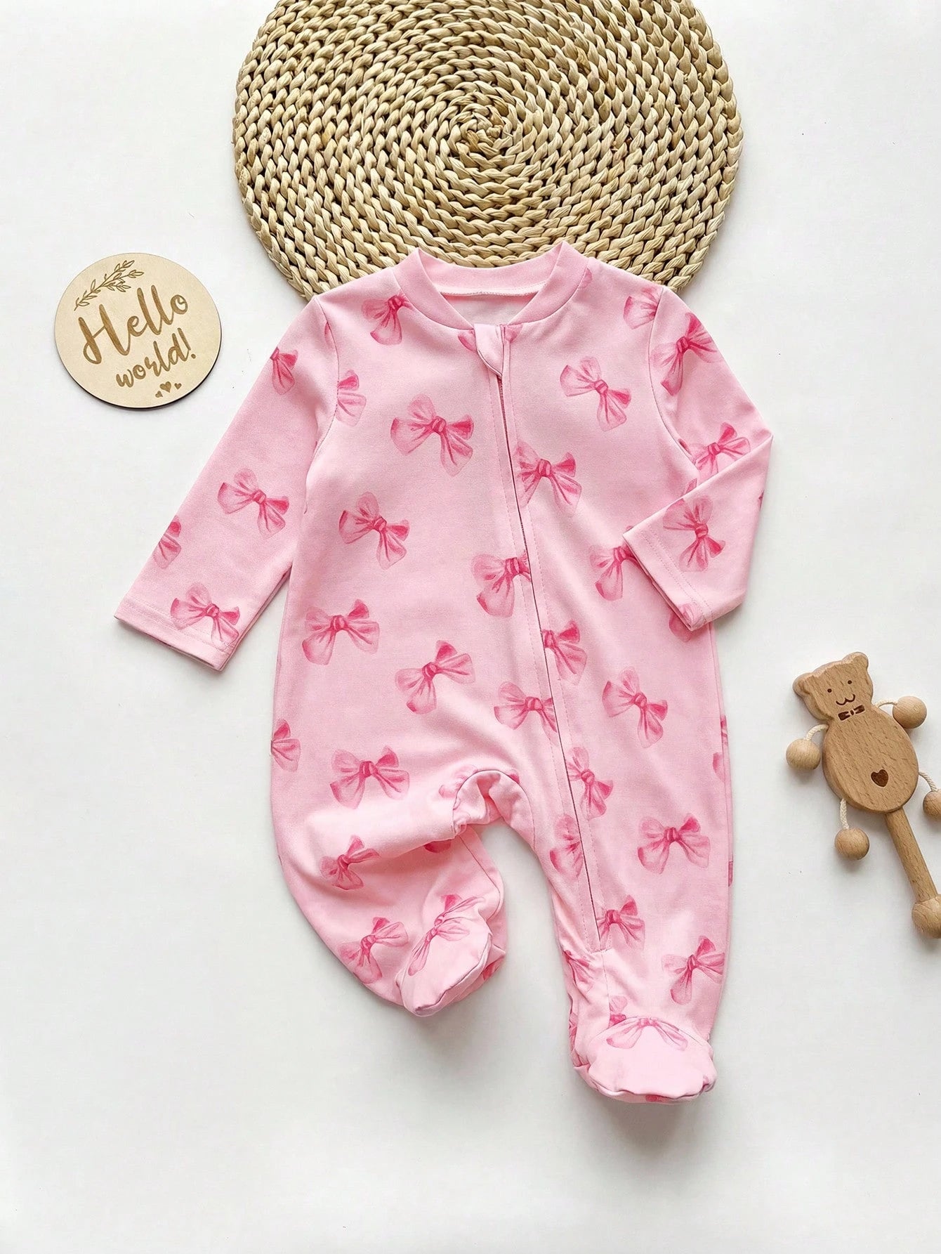 Newborn Baby Girl Cute Knitted Pink Bow Pattern Romper Pajamas