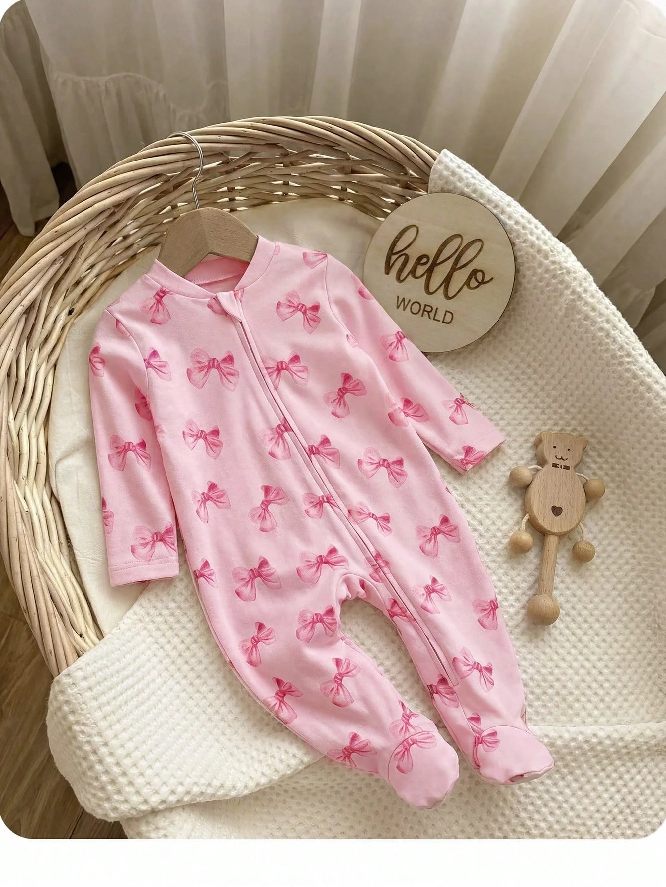 Newborn Baby Girl Cute Knitted Pink Bow Pattern Romper Pajamas