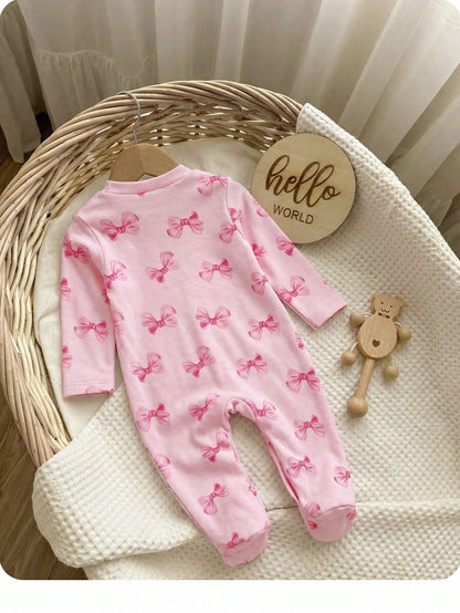 Newborn Baby Girl Cute Knitted Pink Bow Pattern Romper Pajamas