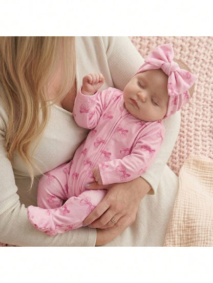 Newborn Baby Girl Cute Knitted Pink Bow Pattern Romper Pajamas