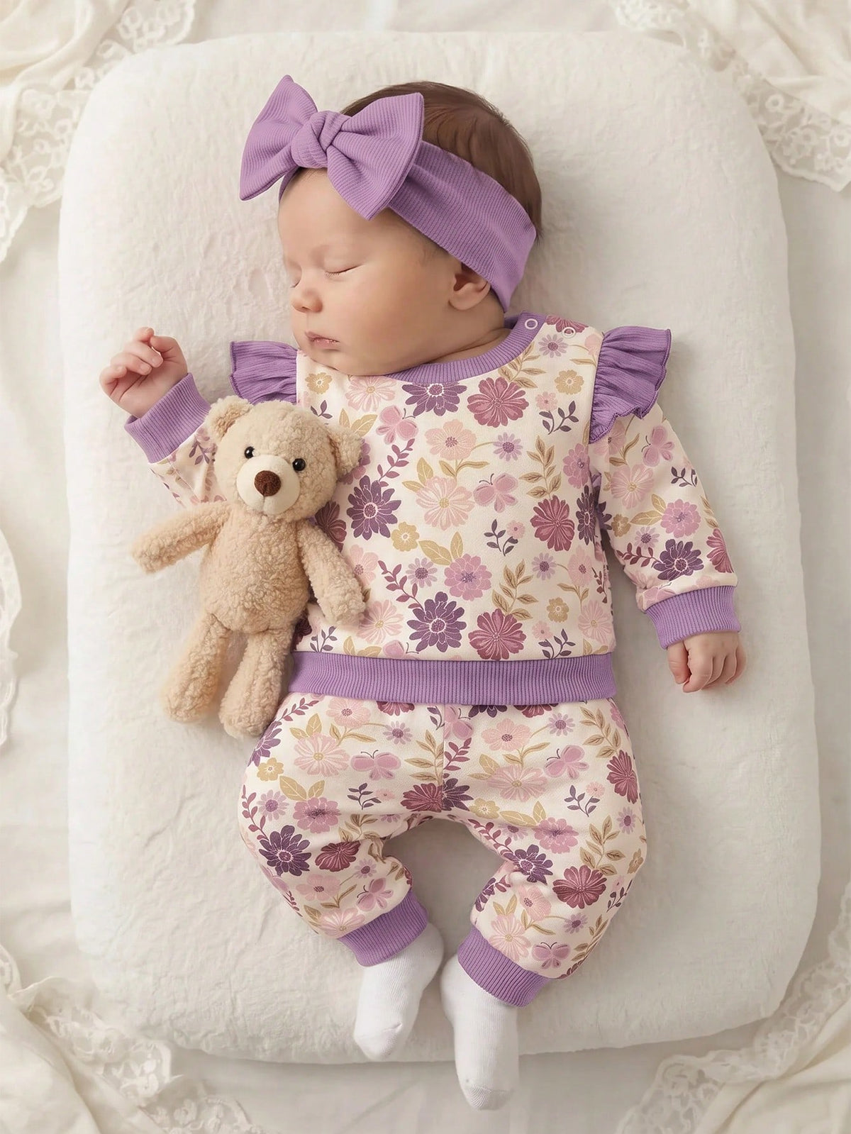 Newborn Baby Girl Floral Pattern Cute Purple Casual Cap Sleeve Sweatshirt And Pants Set