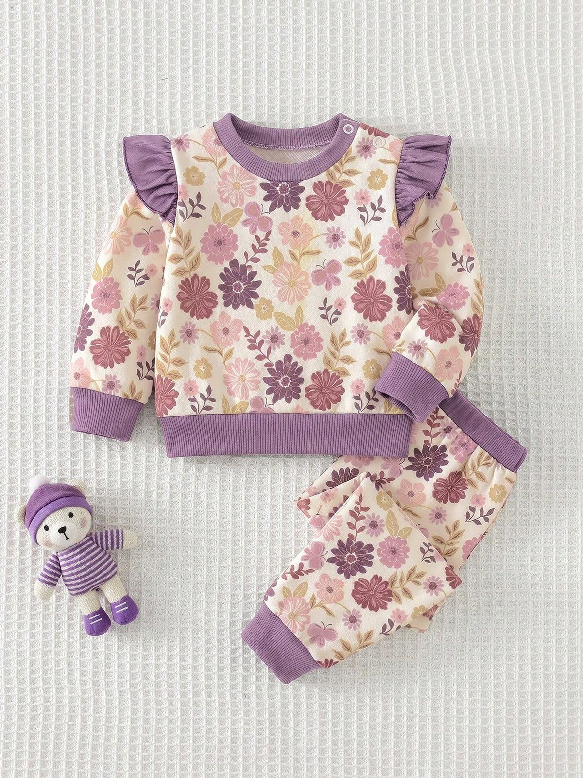 Newborn Baby Girl Floral Pattern Cute Purple Casual Cap Sleeve Sweatshirt And Pants Set