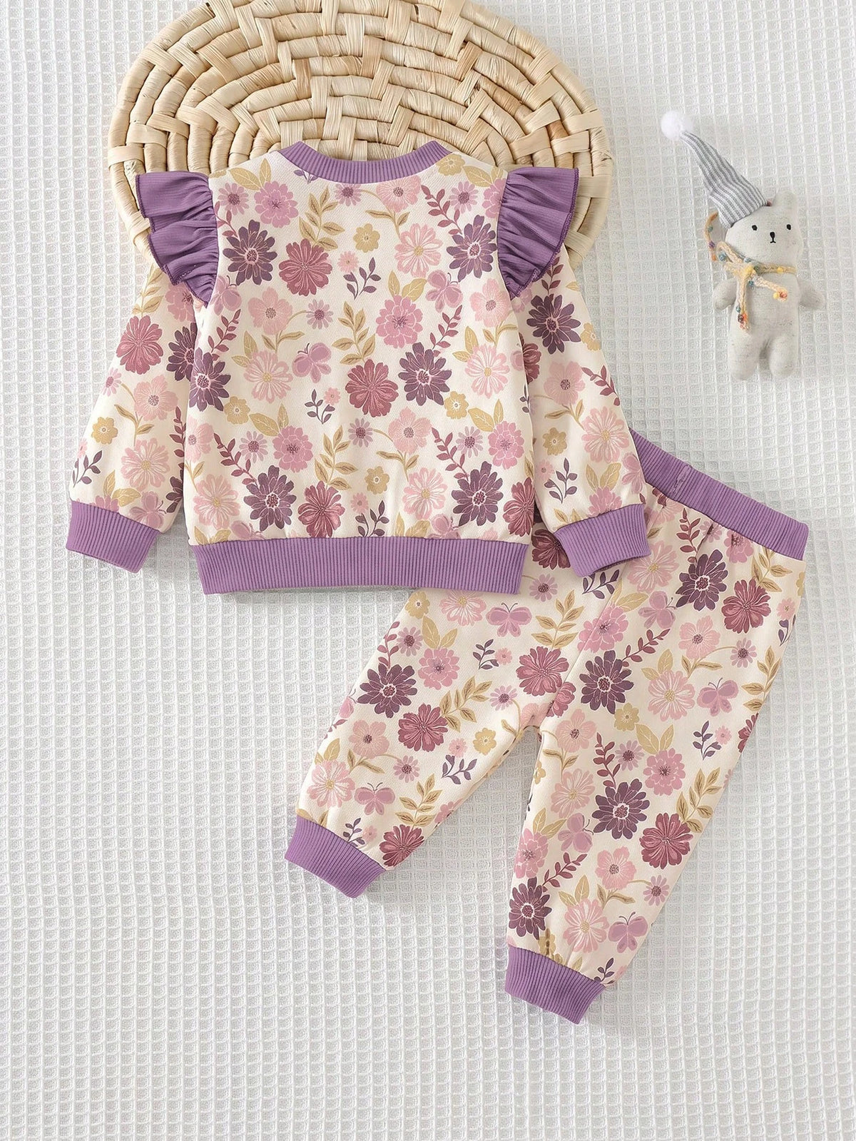Newborn Baby Girl Floral Pattern Cute Purple Casual Cap Sleeve Sweatshirt And Pants Set