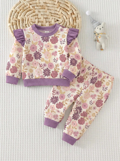 Newborn Baby Girl Floral Pattern Cute Purple Casual Cap Sleeve Sweatshirt And Pants Set