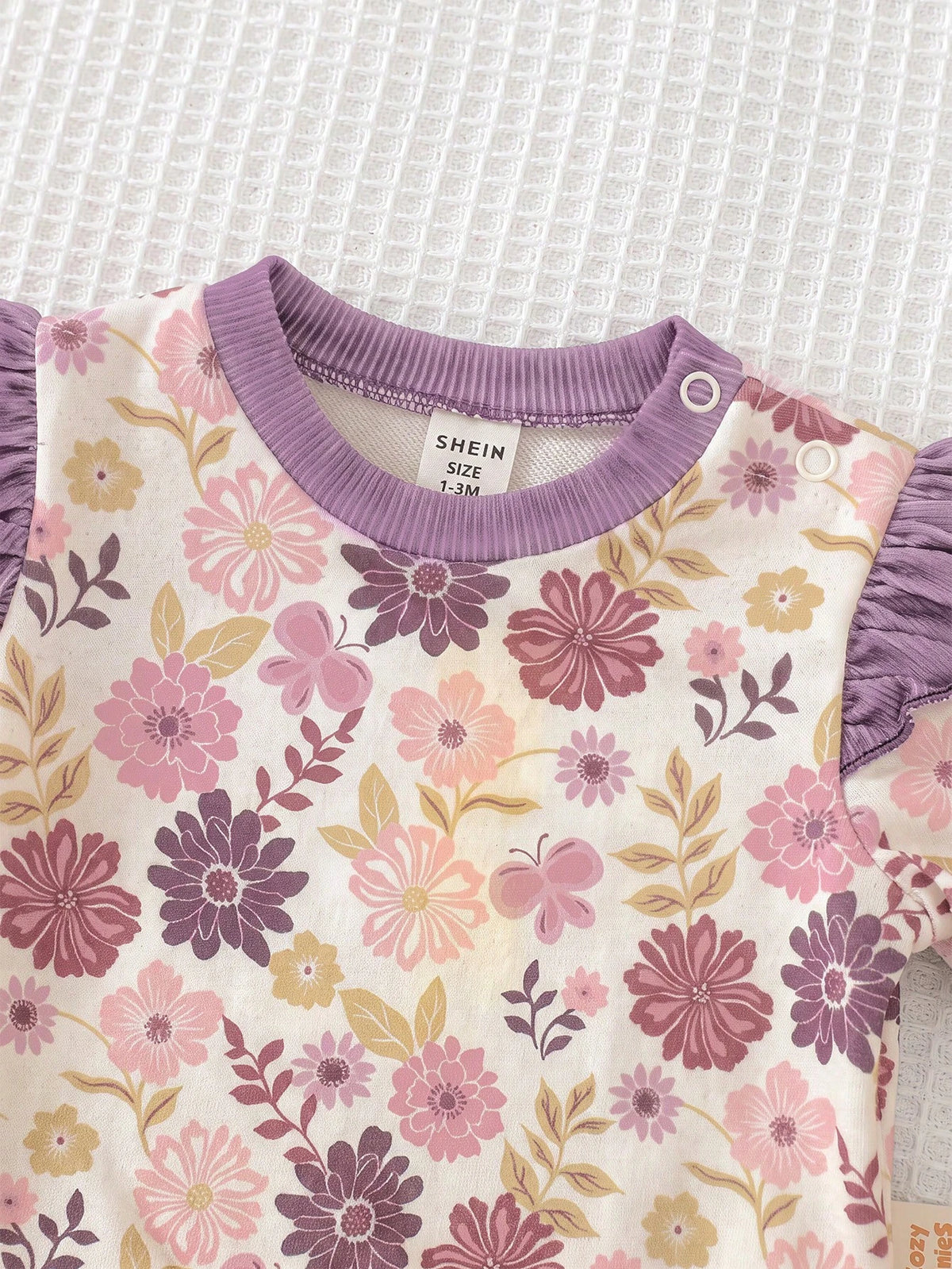 Newborn Baby Girl Floral Pattern Cute Purple Casual Cap Sleeve Sweatshirt And Pants Set