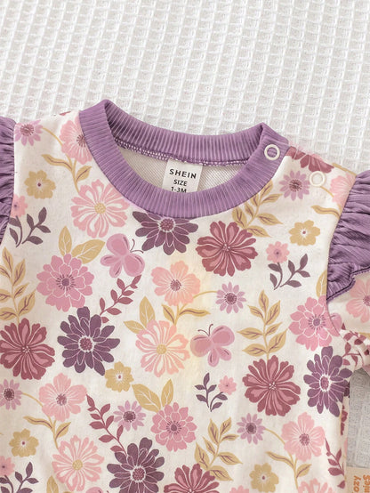 Newborn Baby Girl Floral Pattern Cute Purple Casual Cap Sleeve Sweatshirt And Pants Set