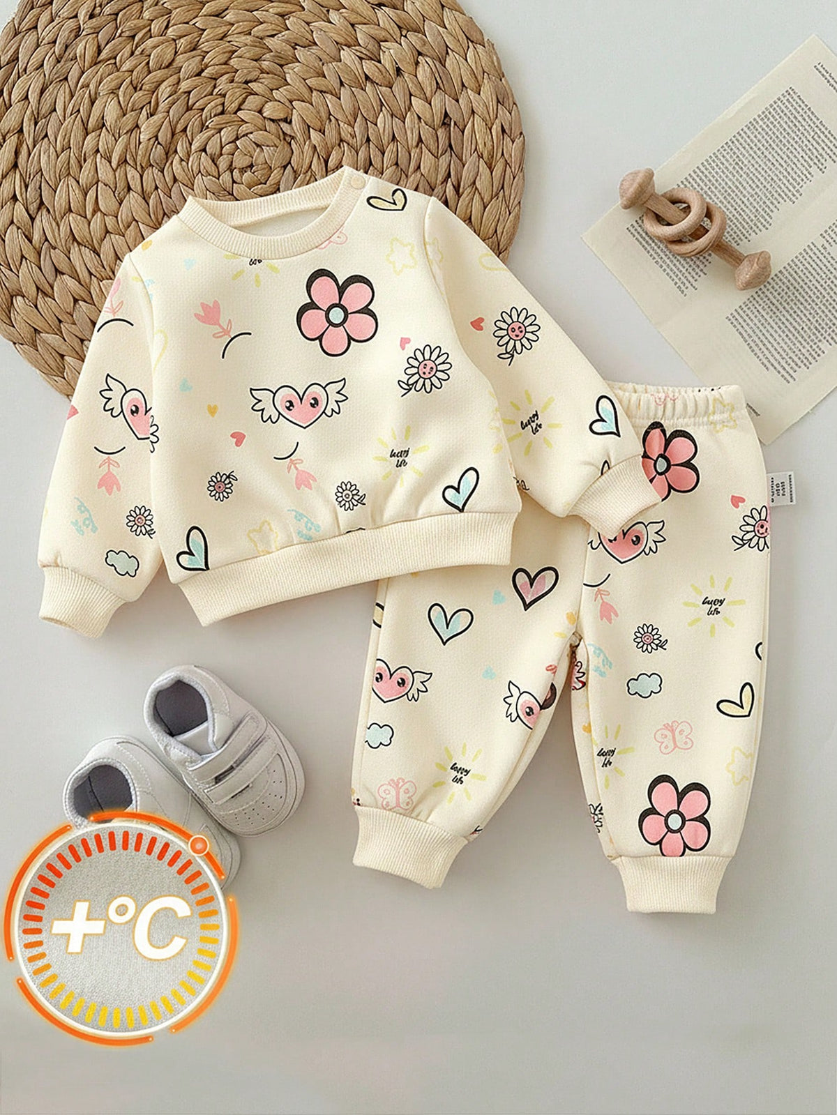 Newborn Baby Girl Floral Pattern Cute Purple Casual Cap Sleeve Sweatshirt And Pants Set