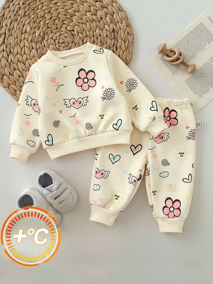Newborn Baby Girl Floral Pattern Cute Purple Casual Cap Sleeve Sweatshirt And Pants Set
