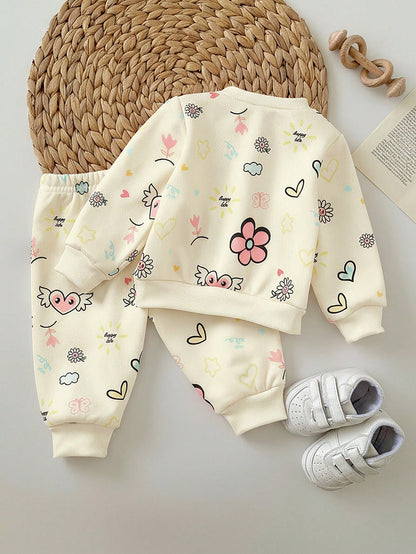 Newborn Baby Girl Floral Pattern Cute Purple Casual Cap Sleeve Sweatshirt And Pants Set