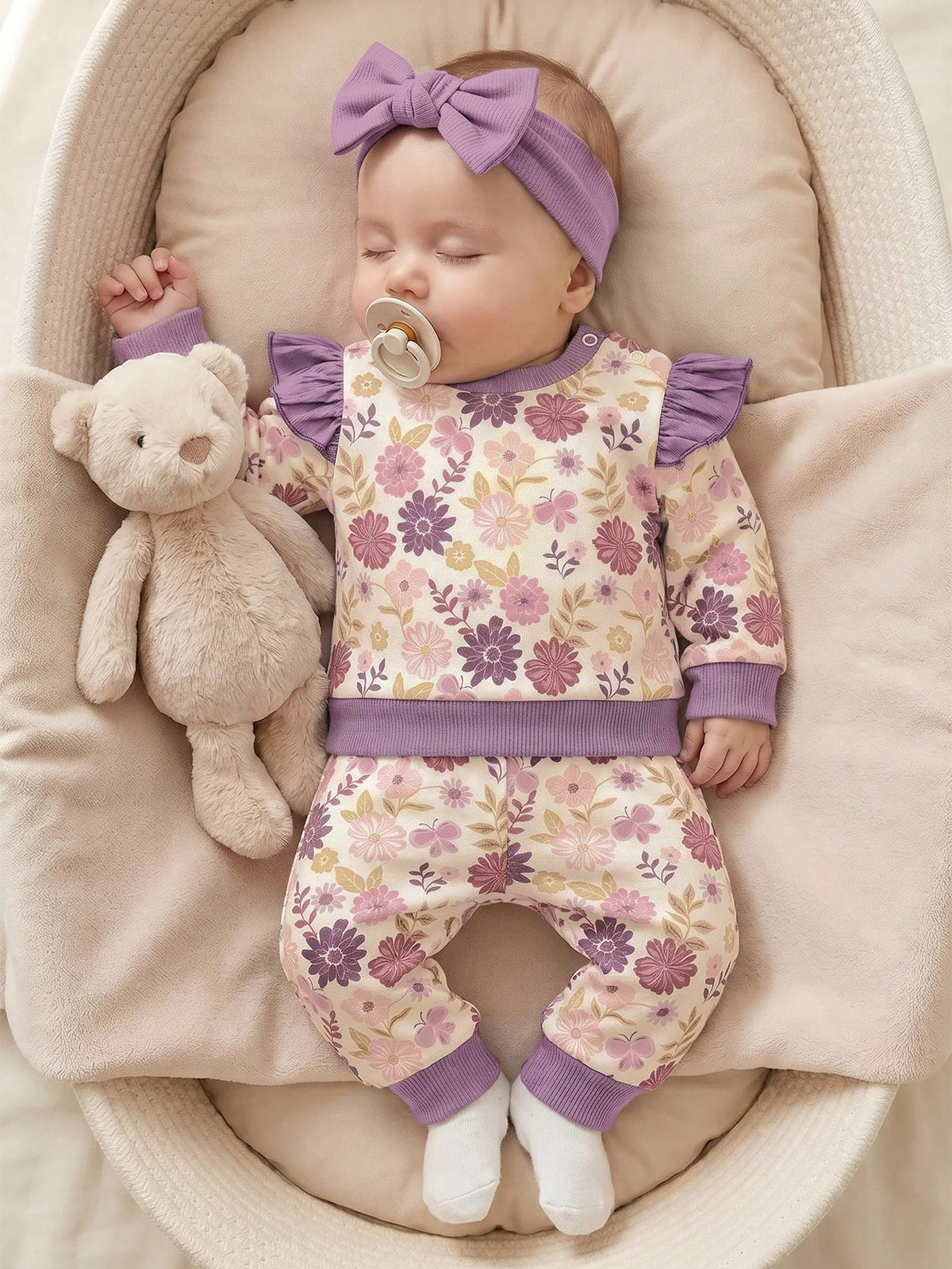 Newborn Baby Girl Floral Pattern Cute Purple Casual Cap Sleeve Sweatshirt And Pants Set