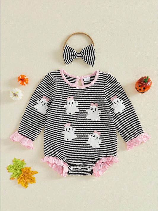 Newborn Baby Girl Halloween Rompers Embroidery Long Sleeve Bodysuits + Headband 3M 6M 9M 12M 18M Infant One Piece Short Jumpsuit