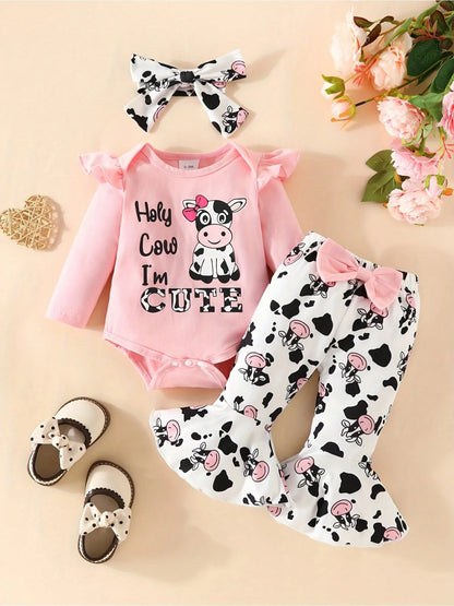 Newborn Baby Girl Outfits, Ruffle Long Sleeve Cute Cow Ribbed Romper Pants Set Summer Baby Girl Clothes Set