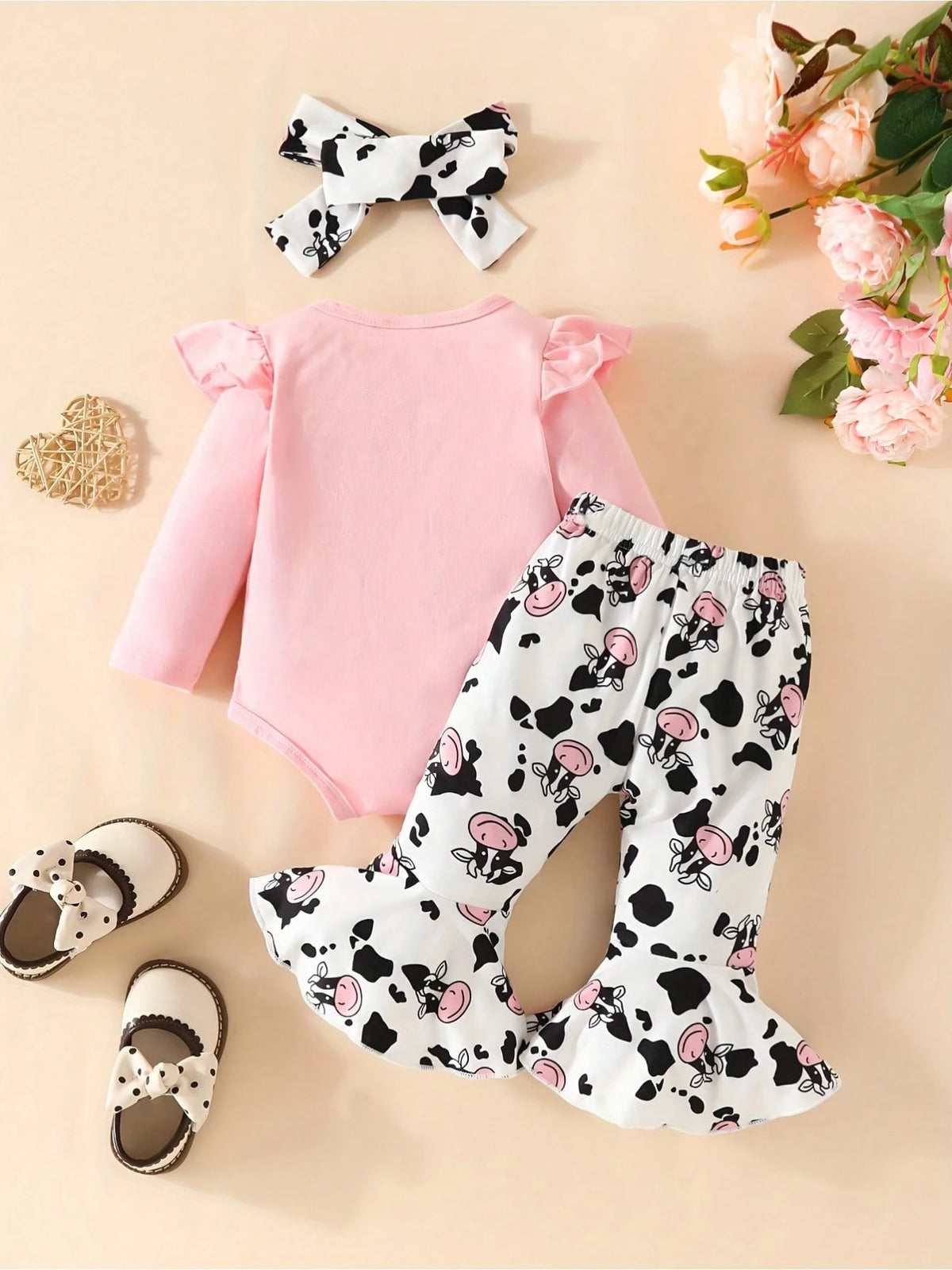 Newborn Baby Girl Outfits, Ruffle Long Sleeve Cute Cow Ribbed Romper Pants Set Summer Baby Girl Clothes Set