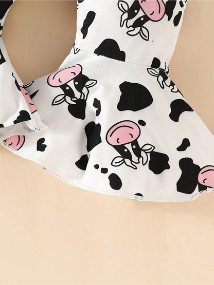 Newborn Baby Girl Outfits, Ruffle Long Sleeve Cute Cow Ribbed Romper Pants Set Summer Baby Girl Clothes Set