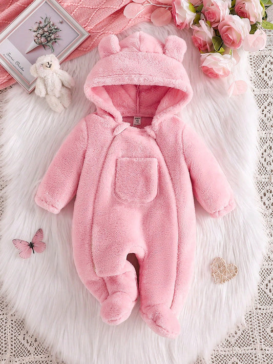 Newborn Baby Girl Plush Ear Pocket Hooded One-Piece Jumpsuit Soft Warm Pink Halloween Party 1 Month Milestones Coming Home Autumn Travel Kawaii Cute