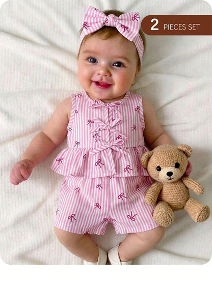 Newborn Baby Girl Vacation Casual Cute Pink&White Striped Bow Decor Tank Top&Shorts Set Summer Clothes Outfit Outfits Girls 2pcs Print