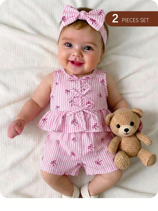 Newborn Baby Girl Vacation Casual Cute Pink&White Striped Bow Decor Tank Top&Shorts Set Summer Clothes Outfit Outfits Girls 2pcs Print